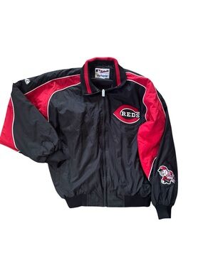 Vintage Cincinnati Reds Dugout Jacket Mens Large MLB Majestic Full Zip Black Red